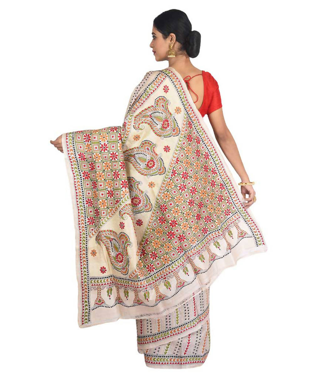 Cream bengal kantha stitch hand embroidery tussar silk saree