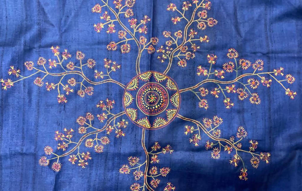 Blue handpainted godana art handwoven tussar silk stole