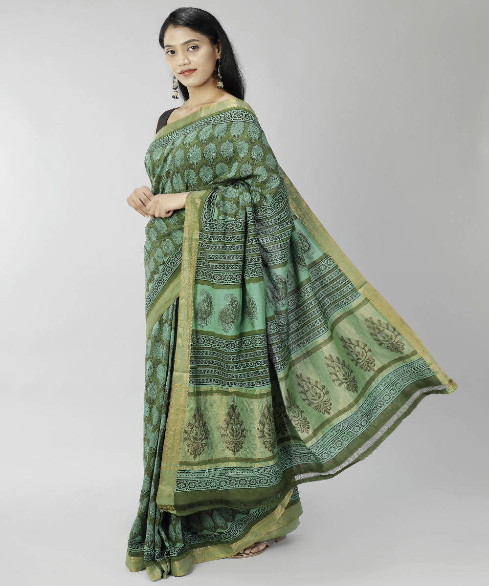 Dark green bagru handblock printed cotton saree