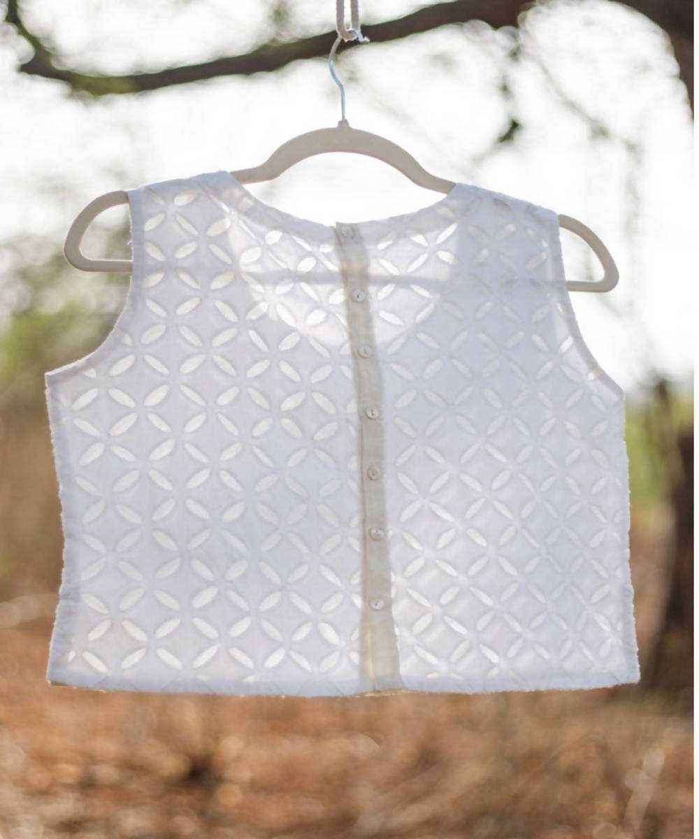White kora sleeveless cutwork cotton crop top with back buttons