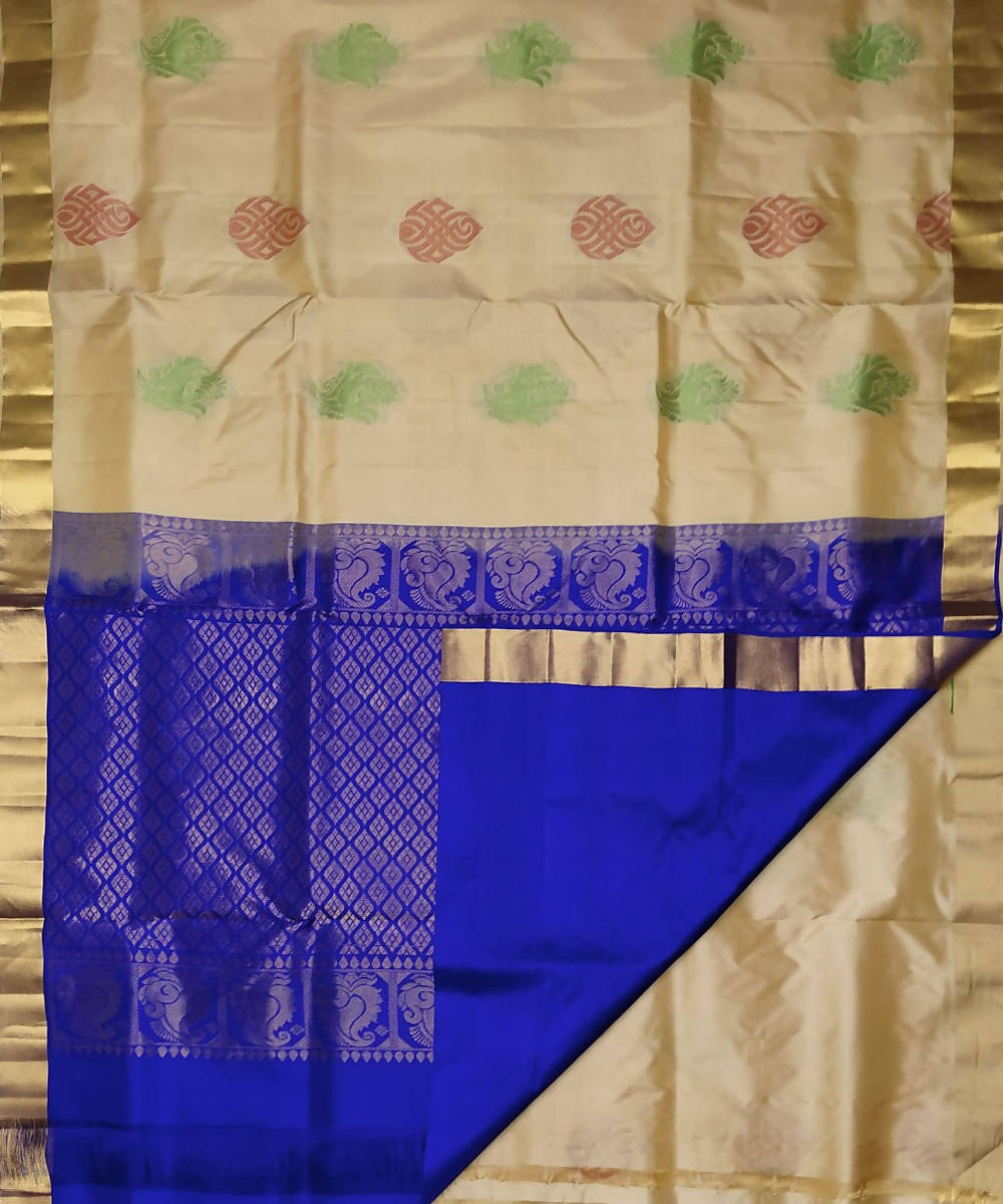 Cream and blue handloom soft silk saree