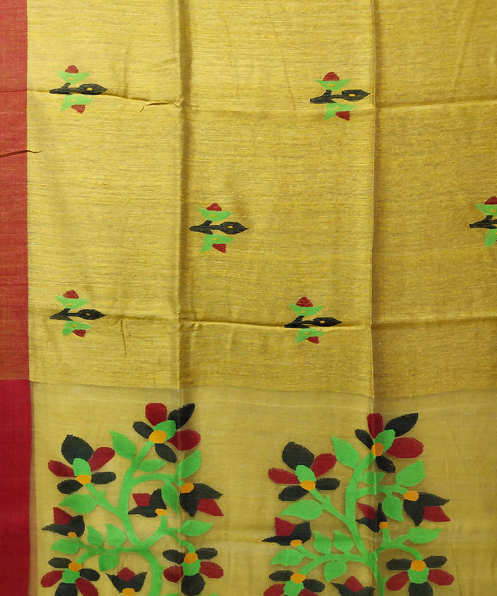 Mustard light green handwoven jamdani matka silk saree