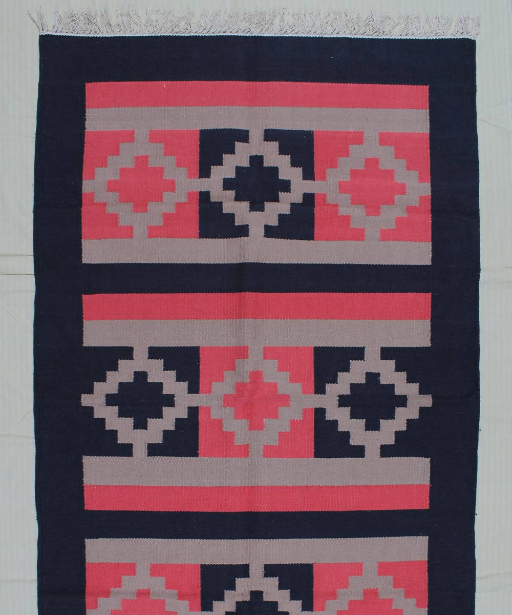 Pink and Black Handwoven Cotton Dhurrie