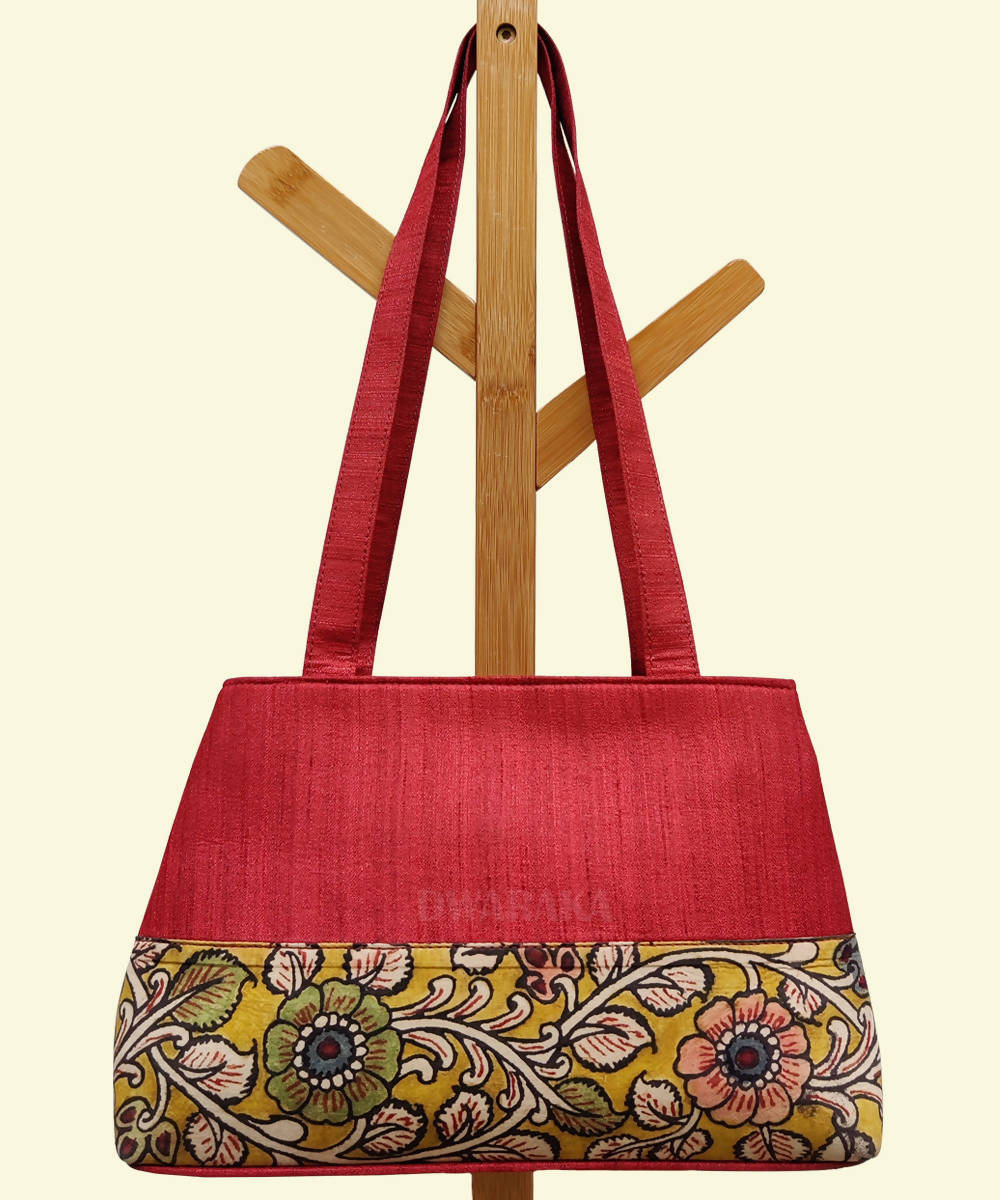 Red hand painted kalamkari ghicha silk cotton handbag