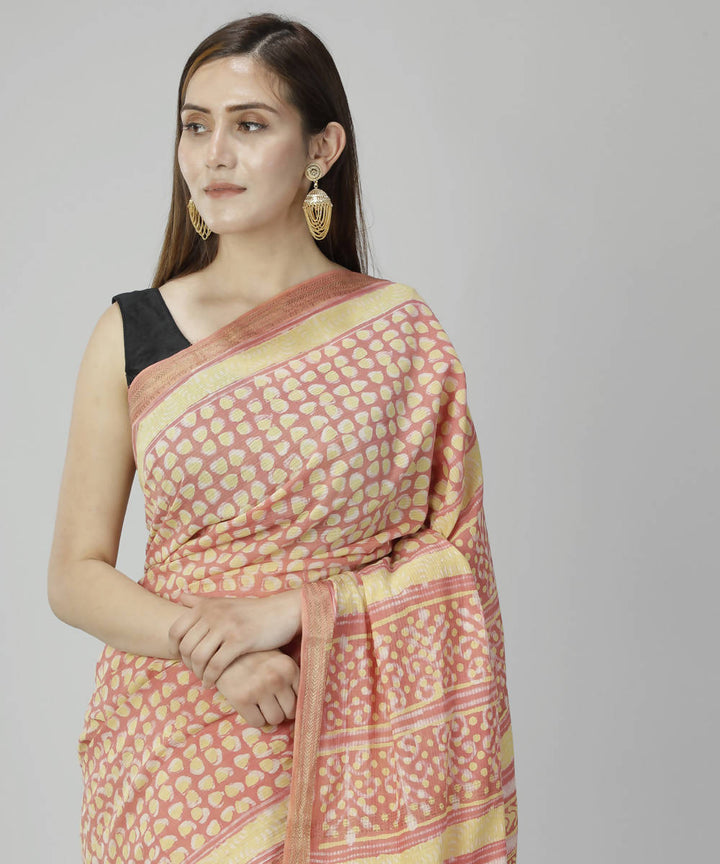Peach bagru handblock printed cotton silk saree