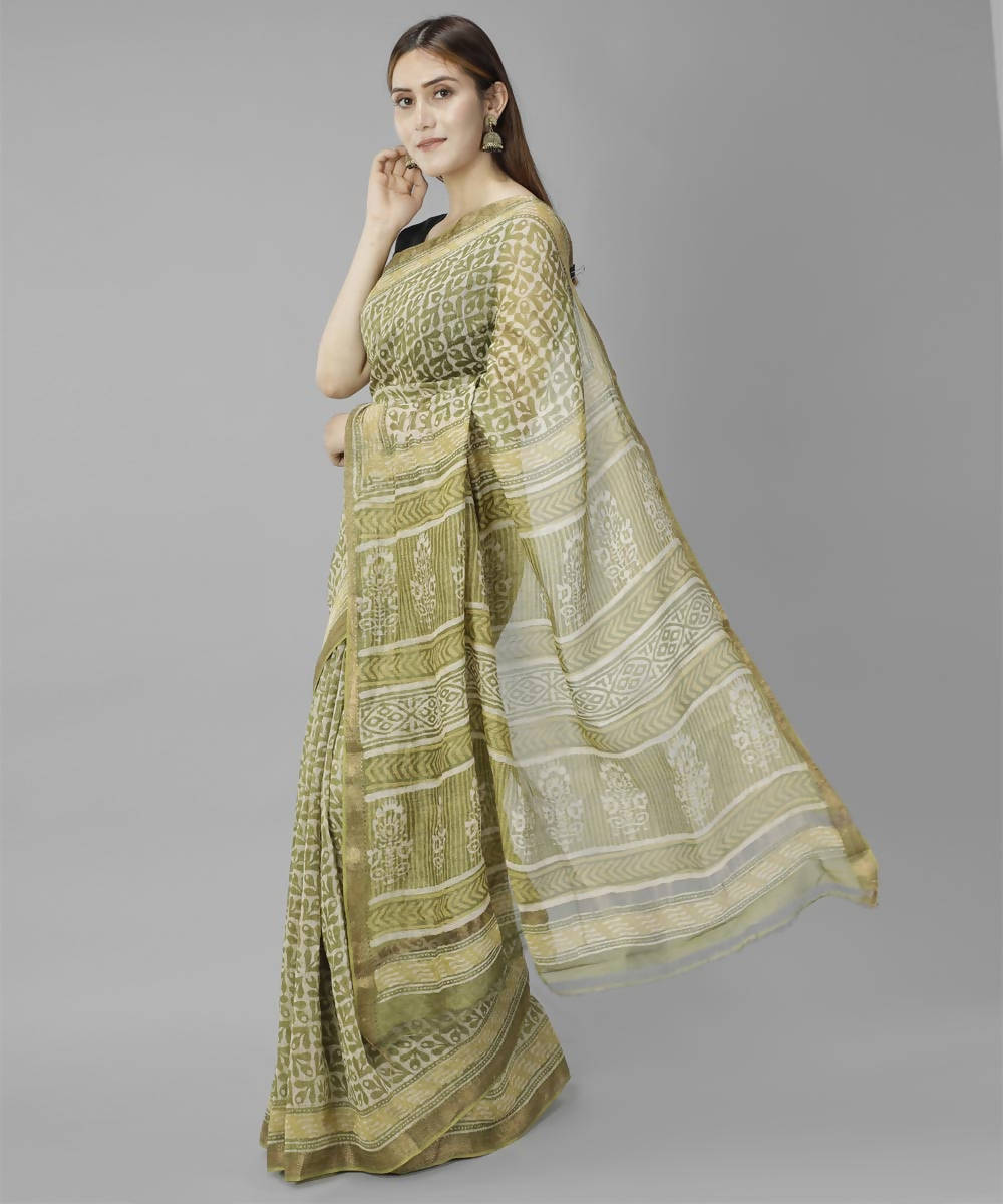 Olive green bagru handblock printed linen saree