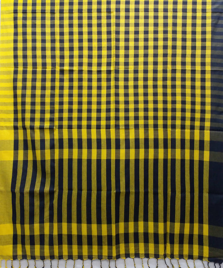 Yellow and black checks handspun handwoven cotton bengal saree