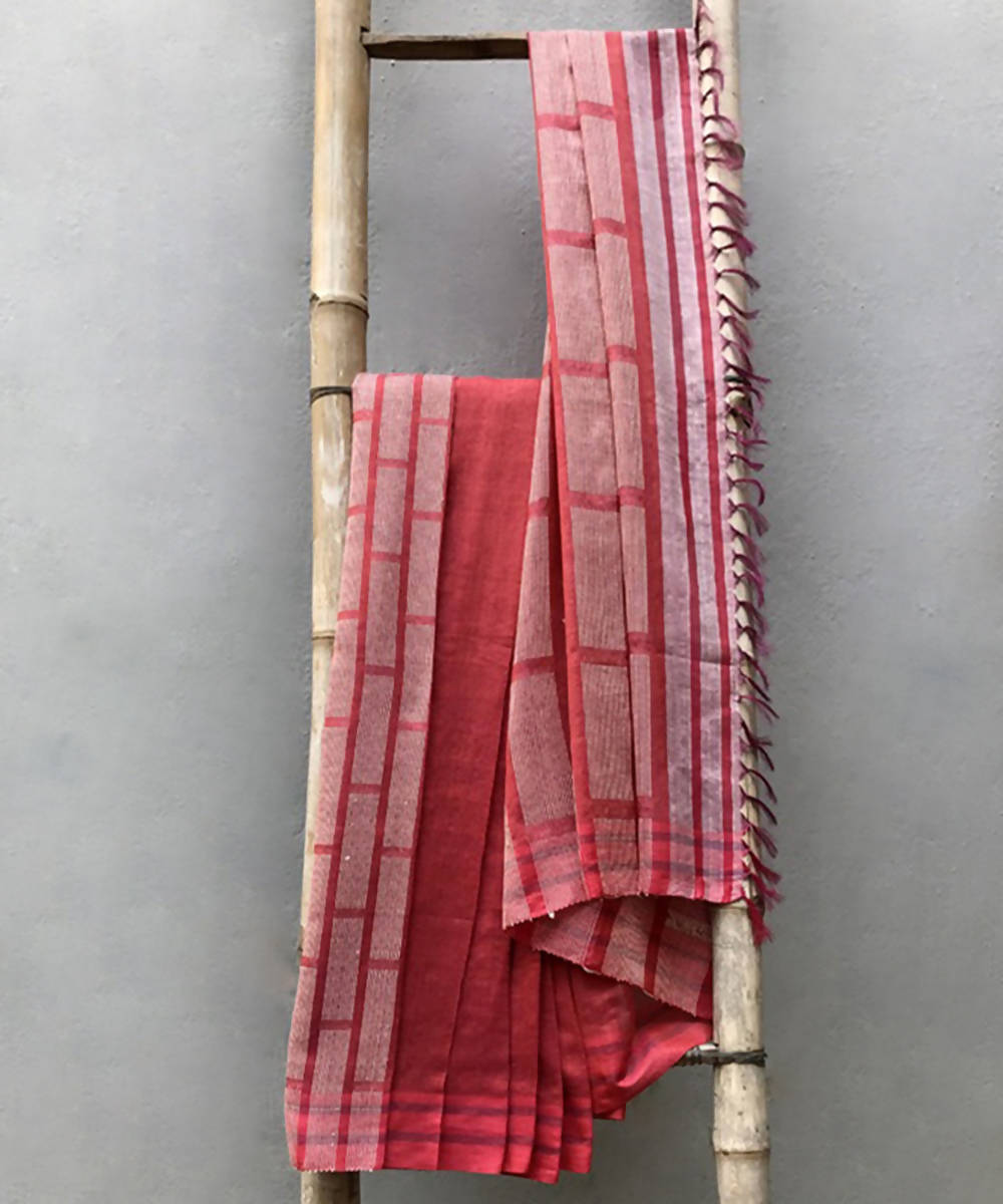 Dark red white handwoven extra weft cotton silk saree