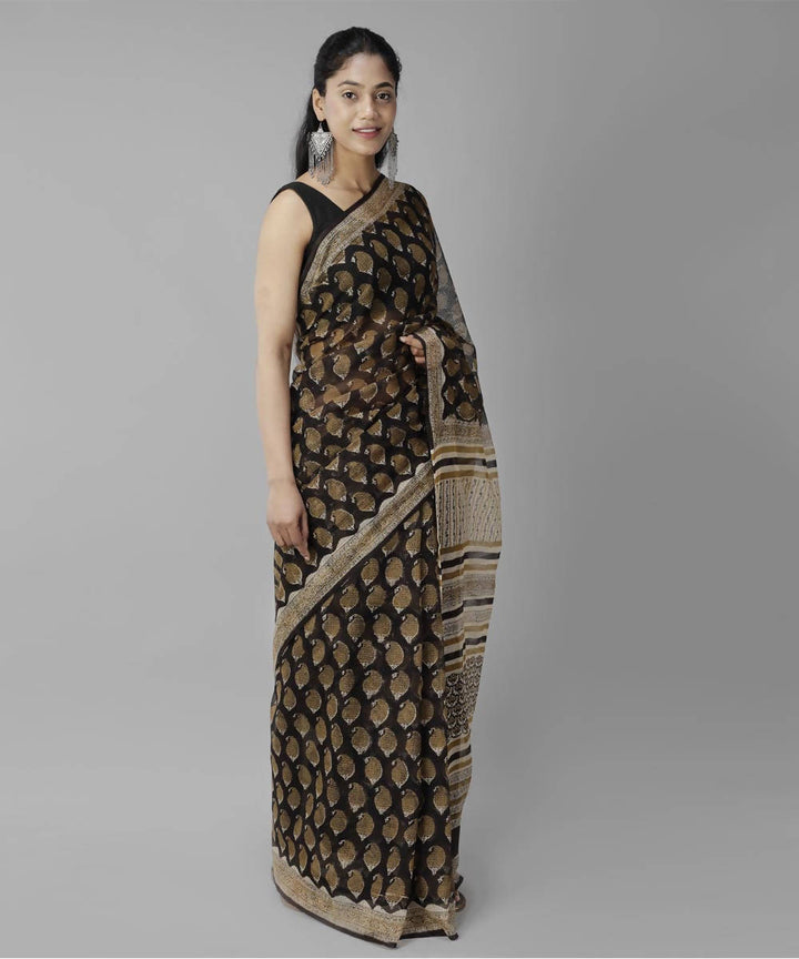 Black beige bagru handblock printed cotton saree