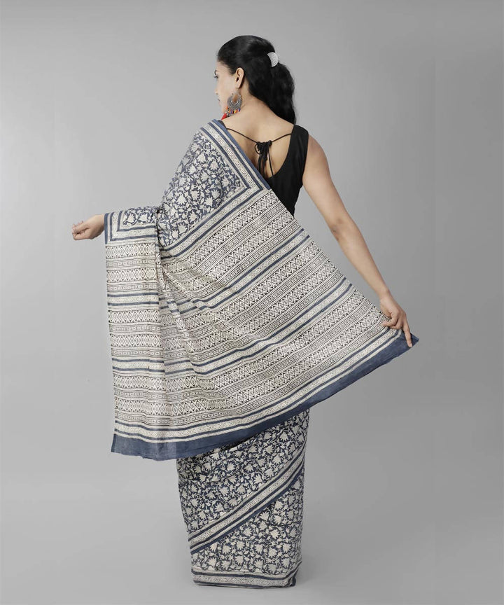 Dark grey bagru handblock printed cotton saree