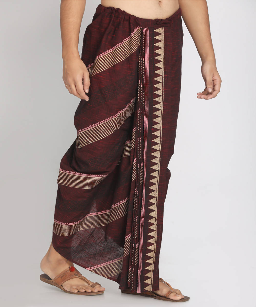 Maroon cotton handblock printed ready to wear stitched dhoti