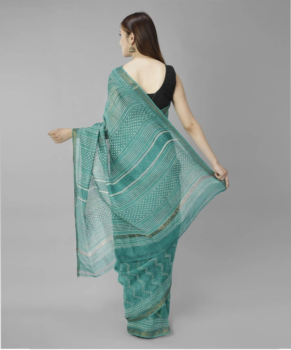 Teal green bagru handblock printed linen saree