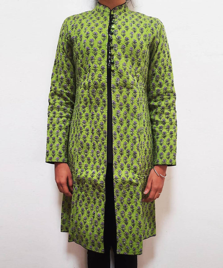 Green black handblock printed cotton quilted long jacket