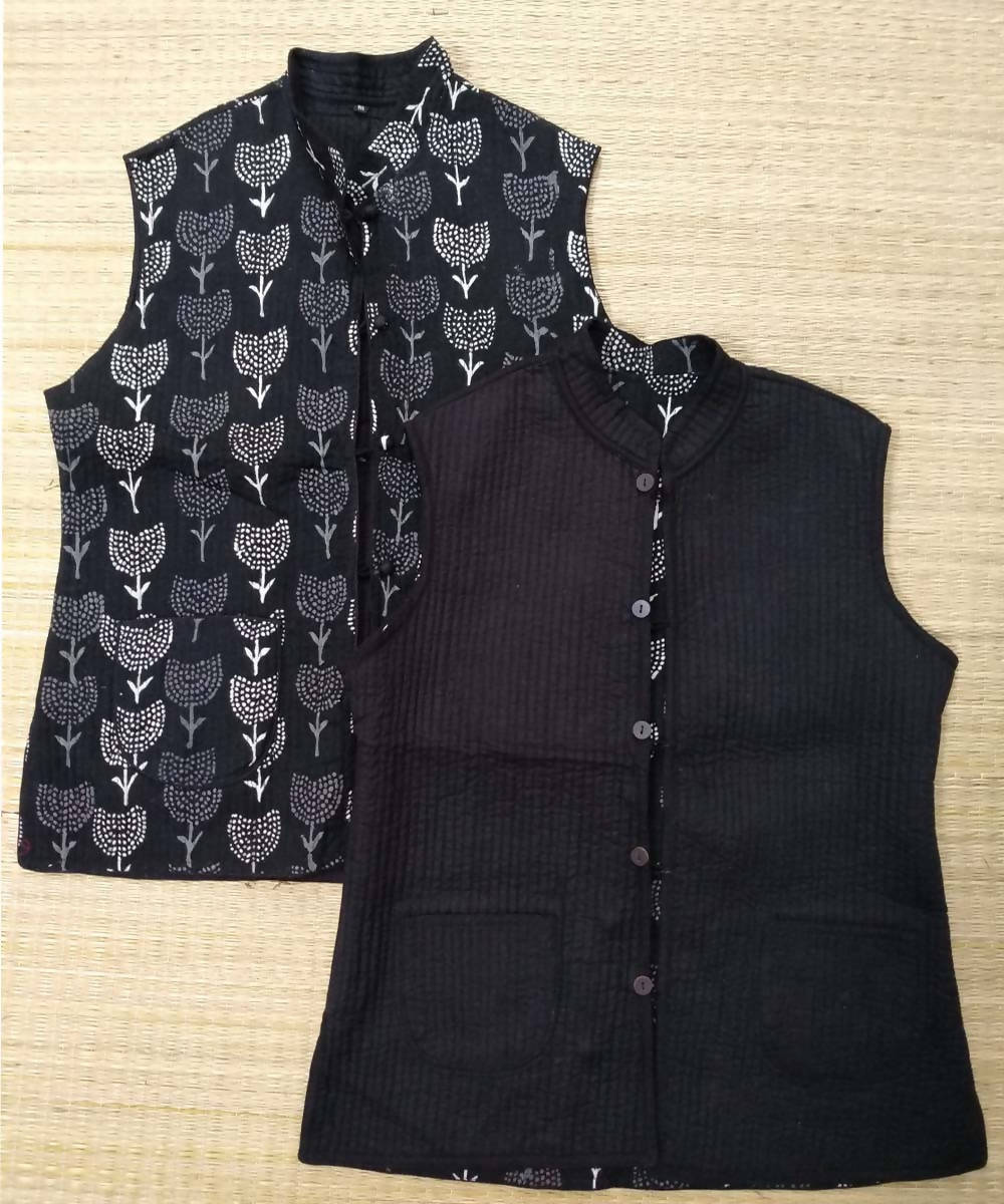 black handblock printed quilted reversible jacket