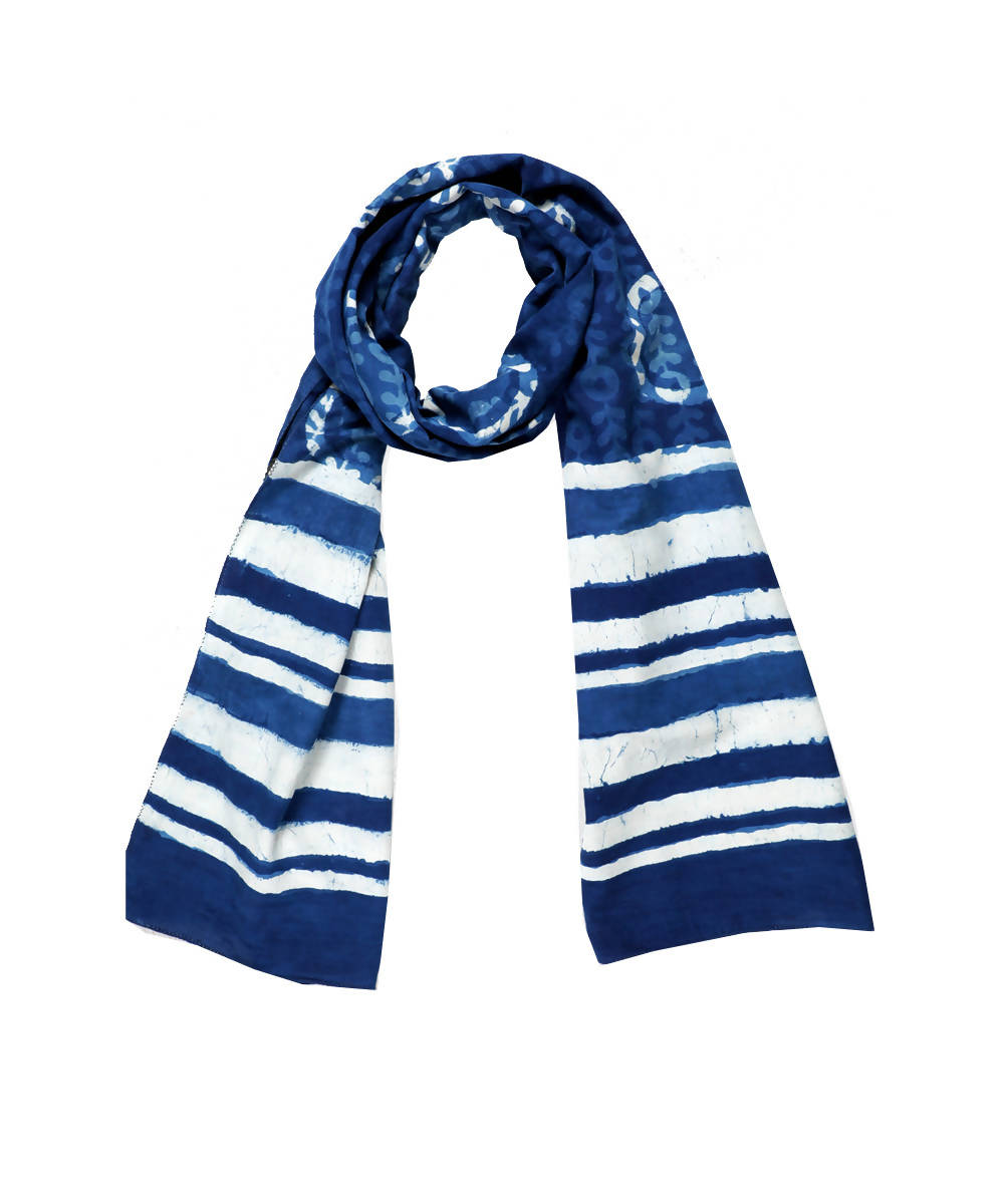 Dabu handblock print white indigo blue modal stole