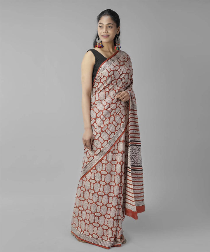 Red bagru handblock printed cotton saree