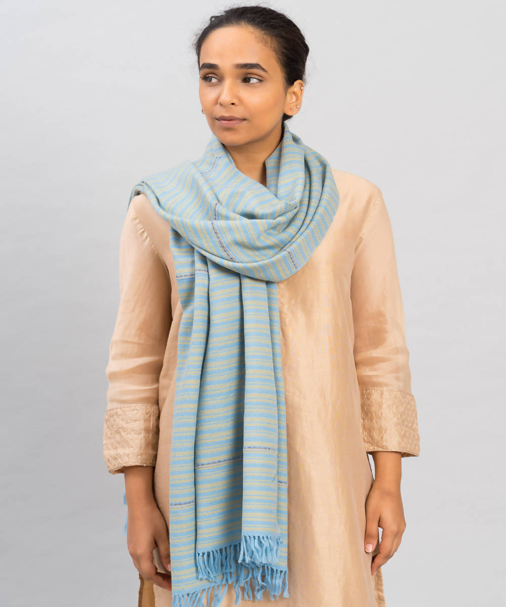 Yellow blue handwoven panchachuli wool lambswool stole