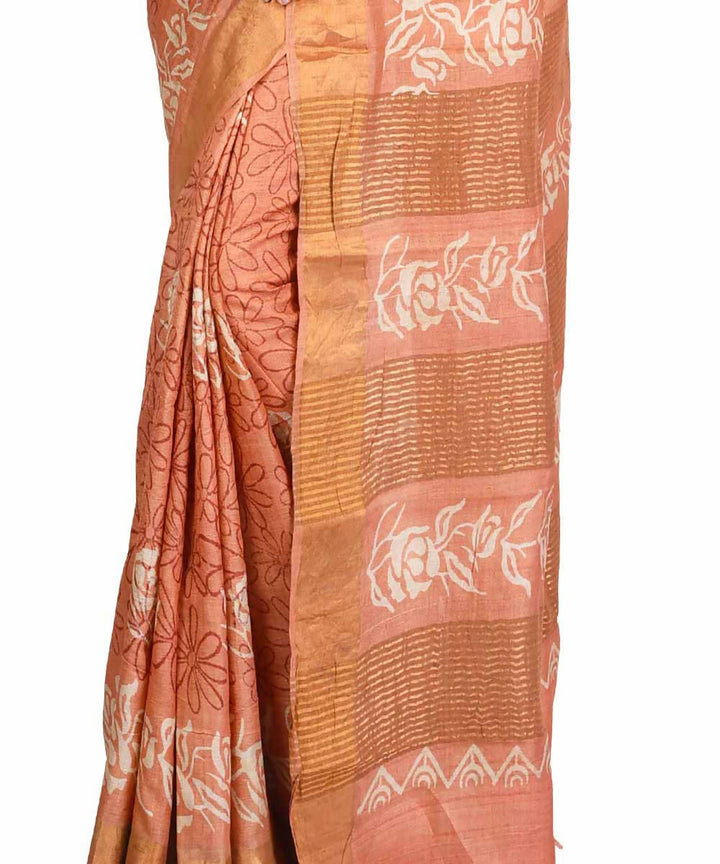 Rust brown hand block print handwoven mulberry and tussar silk saree