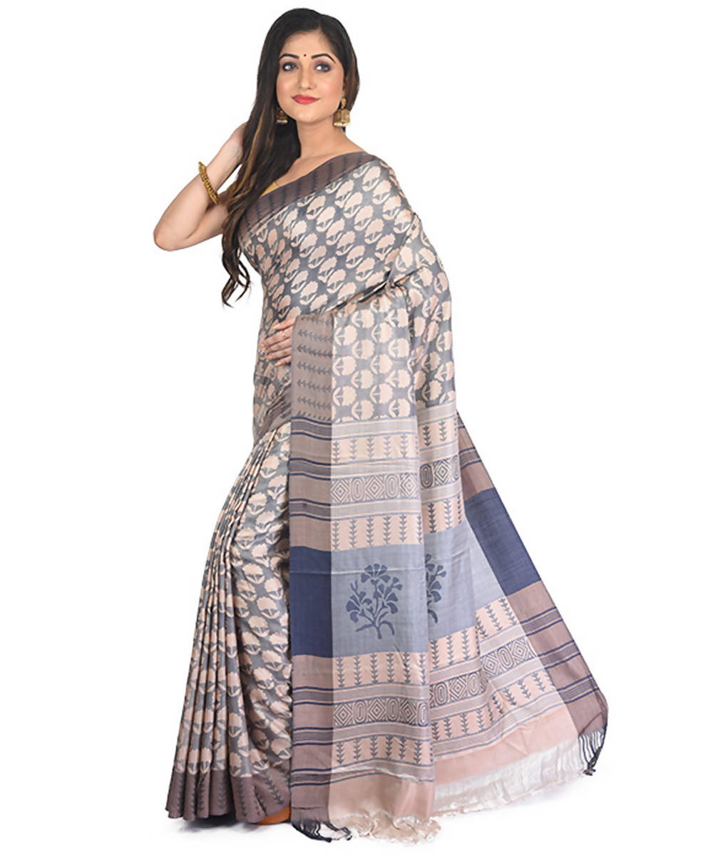 Steel grey handblock printed eri silk saree