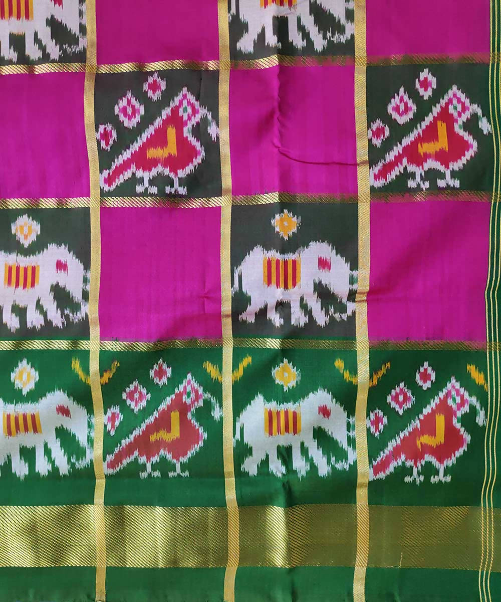 Pink with green checks handwoven ikkat silk pochampally saree