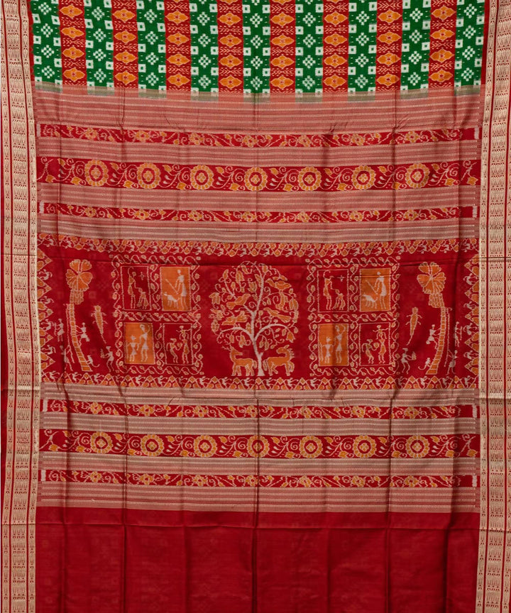 Cadmium green orange red ikat silk handloom sambalpuri saree