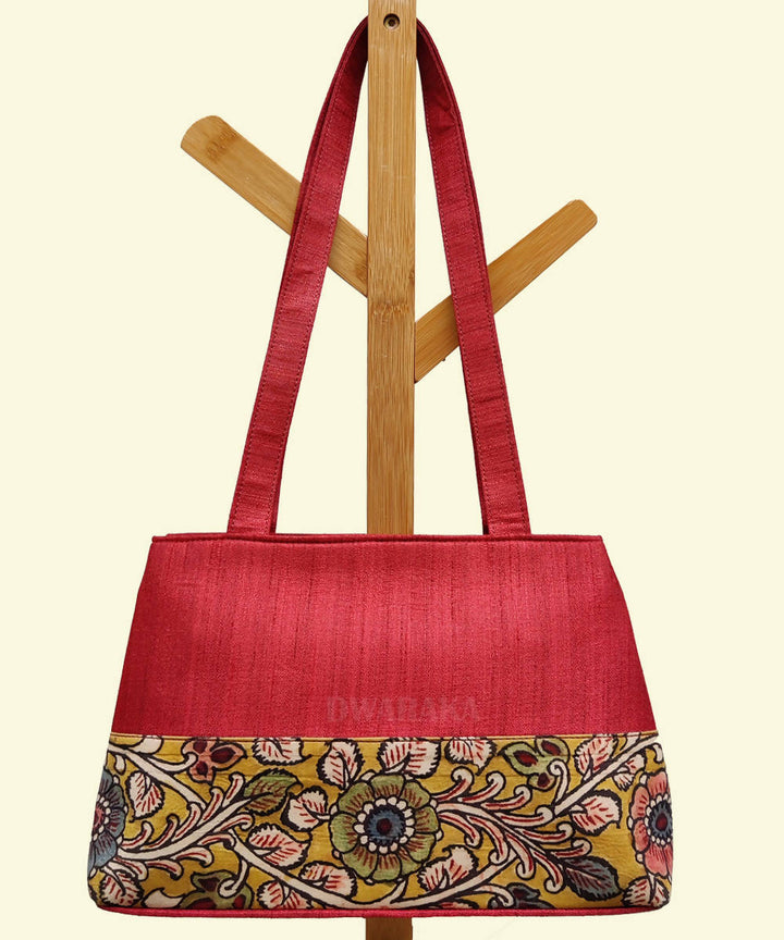 Red hand painted kalamkari ghicha silk cotton handbag