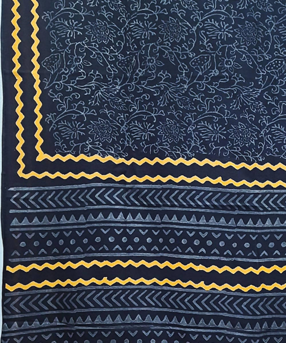 Black blue hand block print cotton saree