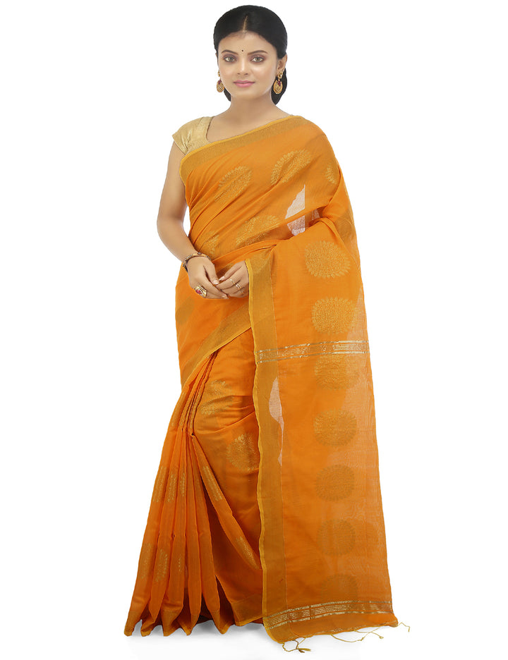 Yellow orange handloom art silk and cotton bengal saree