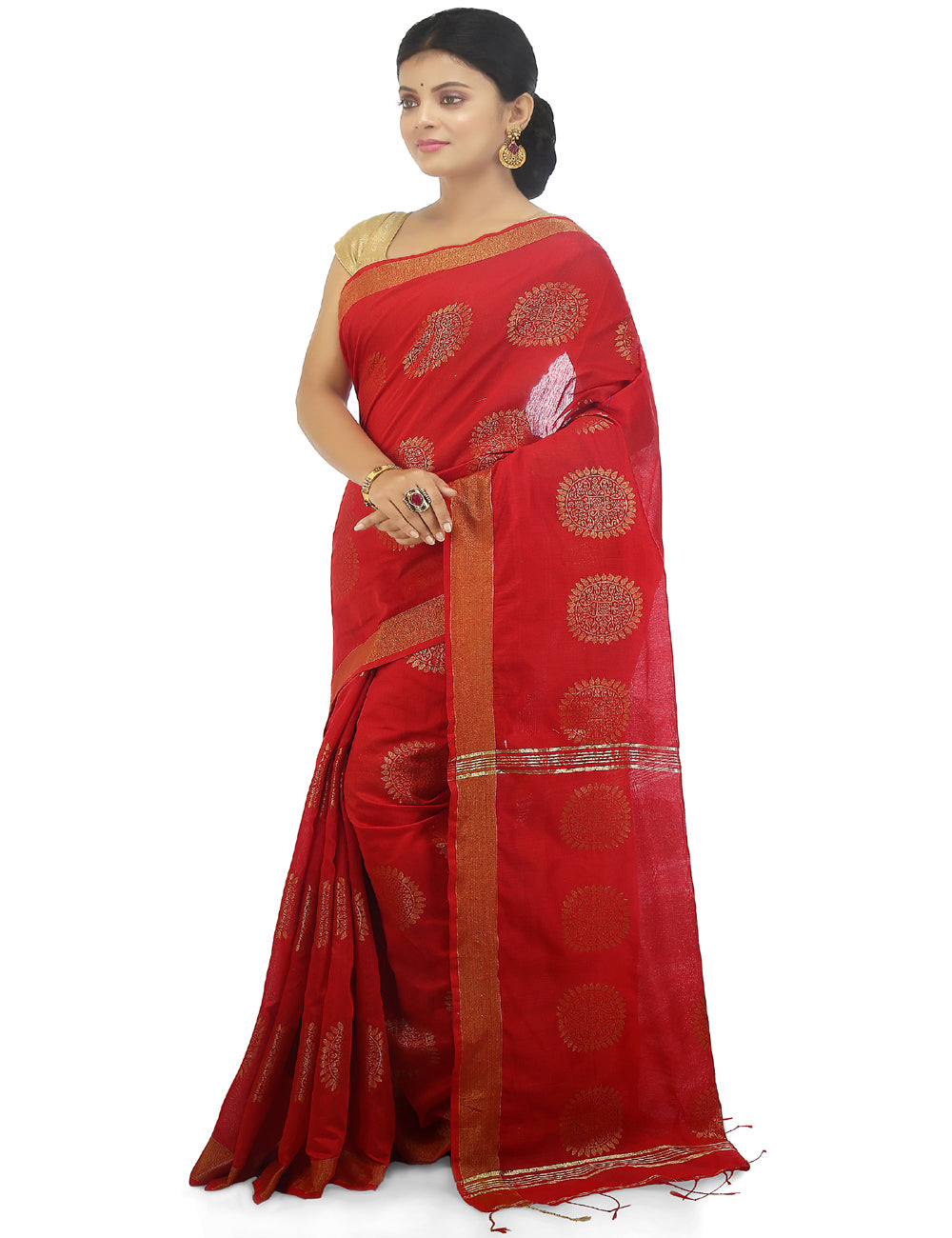 Red handloom art silk and cotton bengal saree