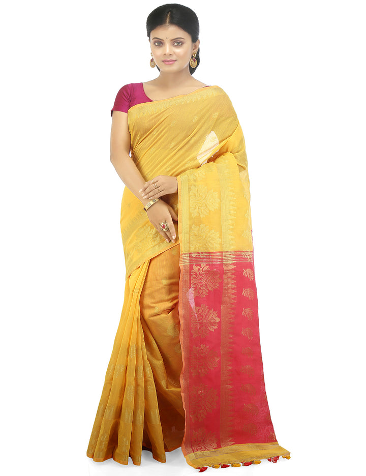 Yellow handloom art silk and cotton bengal saree