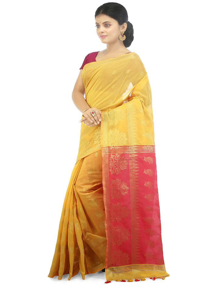 Yellow handloom art silk and cotton bengal saree