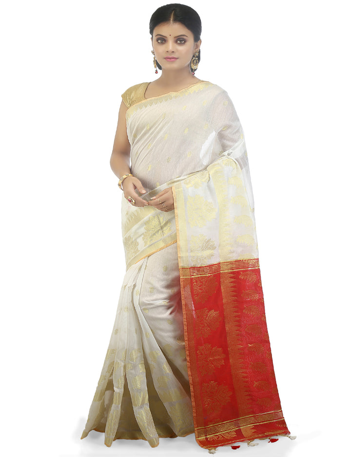 White and red handloom art silk and cotton bengal saree