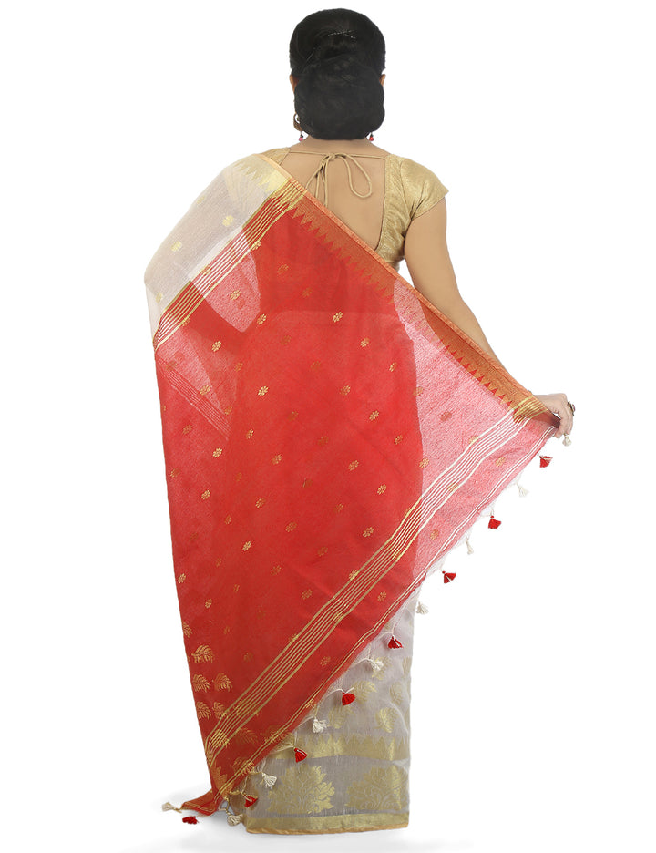 White and red handloom art silk and cotton bengal saree