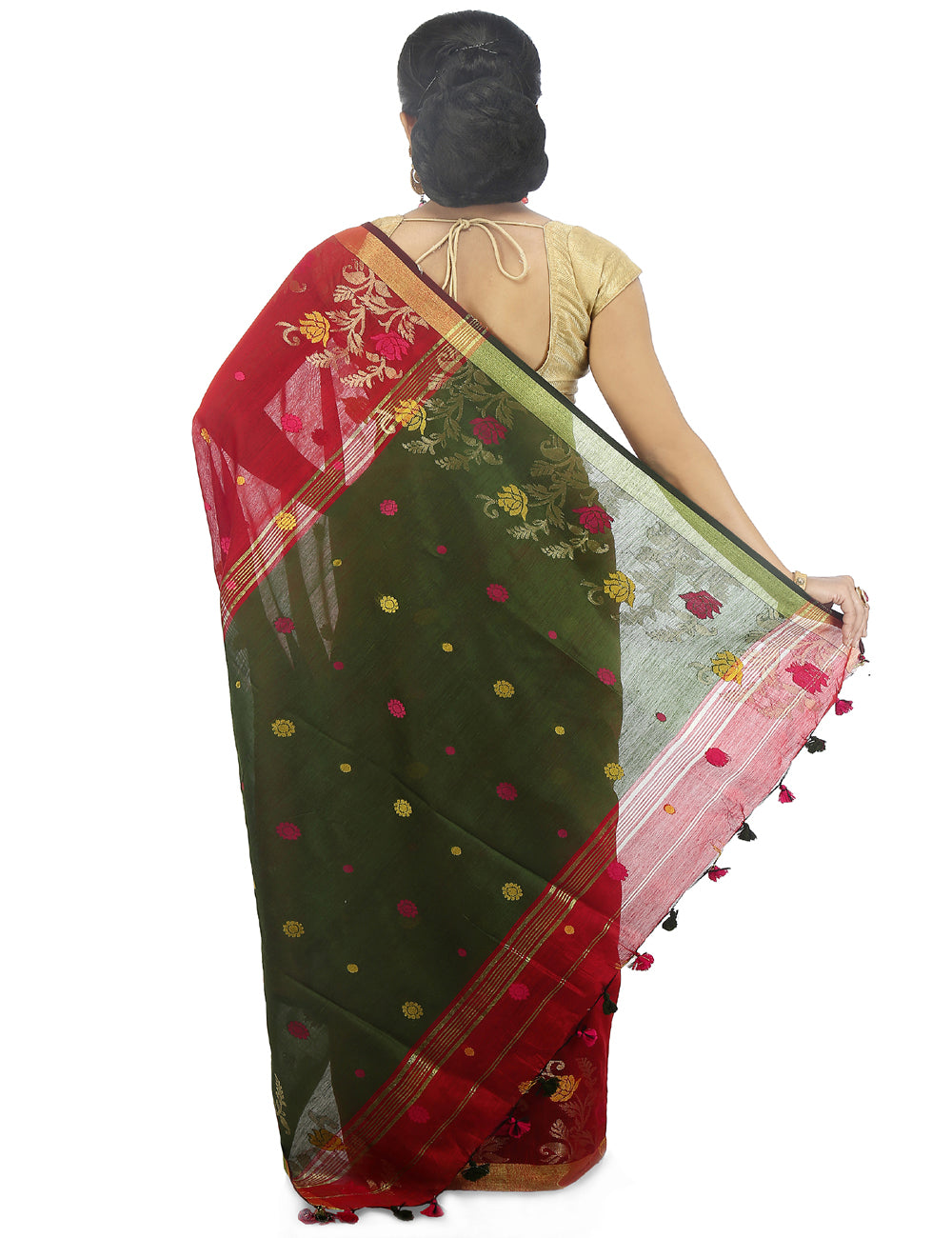 Red and green handloom art silk and cotton bengal saree