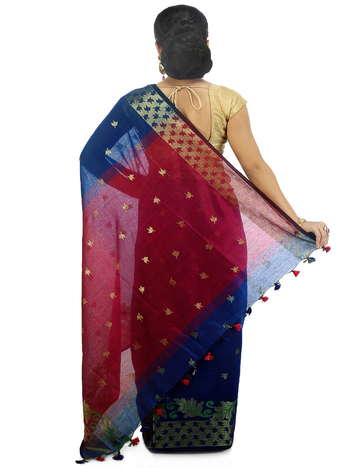 Dark blue handloom art silk and cotton bengal saree