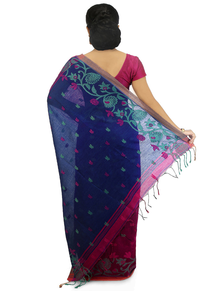 Pink and blue handloom art silk and cotton bengal saree