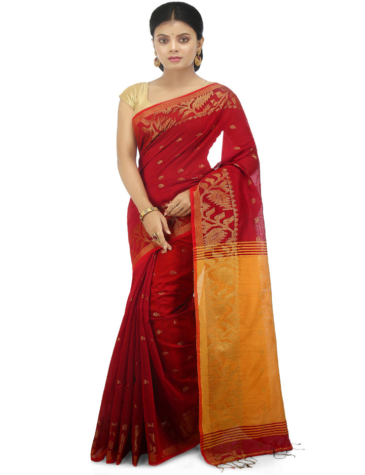 Red and yellow handloom art silk and cotton bengal saree