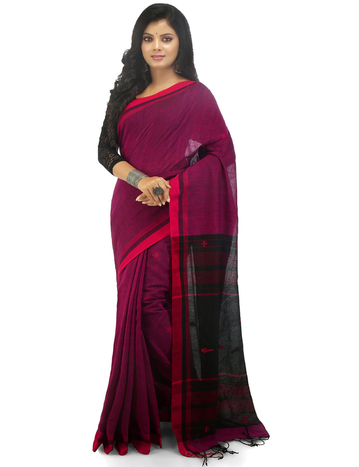 Pink and black handwoven cotton bengal saree
