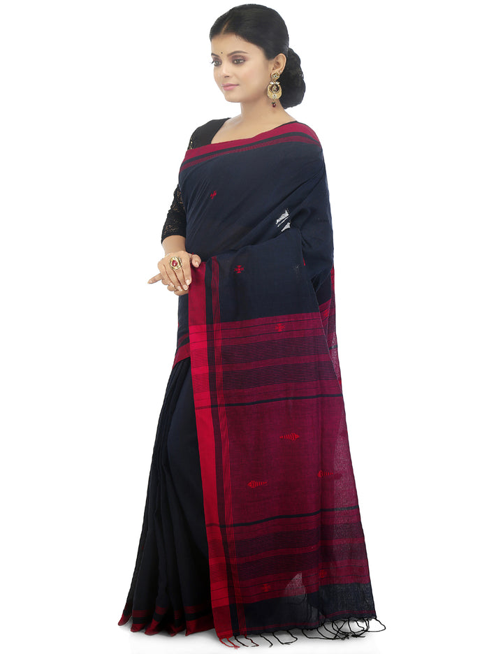 Dark blue black handwoven cotton bengal saree