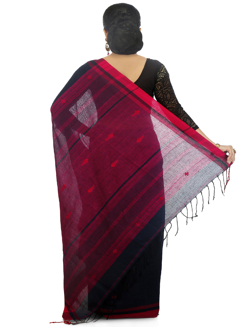 Dark blue black handwoven cotton bengal saree