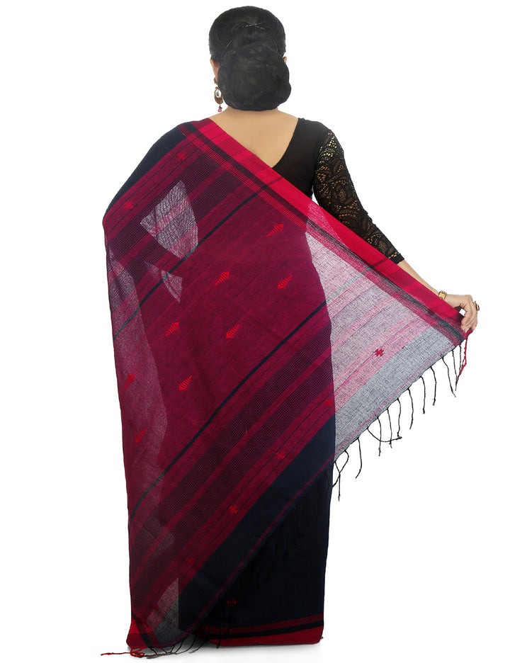 Dark blue black handwoven cotton bengal saree