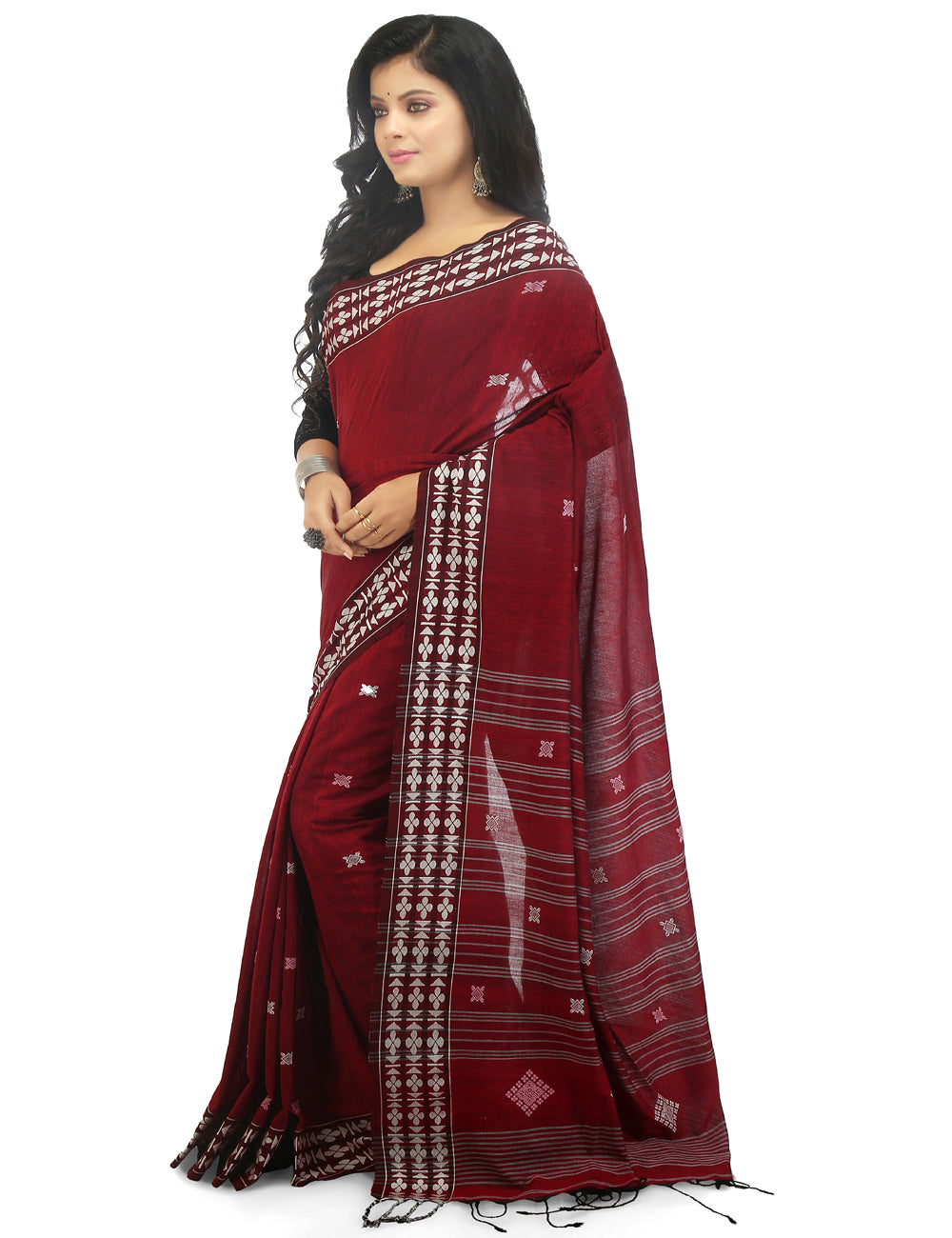 Red maroon handwoven cotton bengal saree