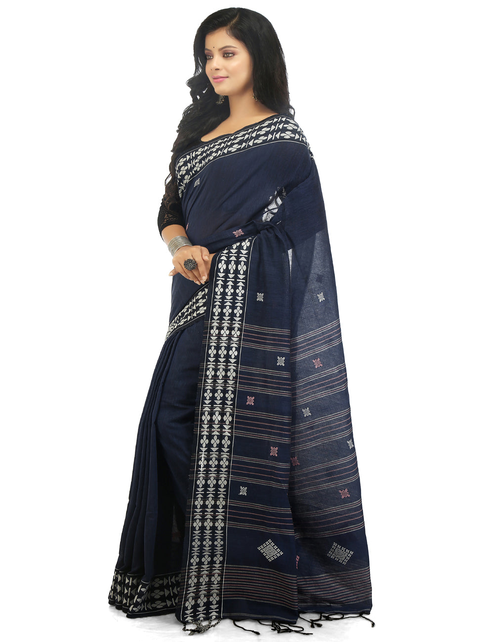 Dark blue handwoven cotton bengal saree
