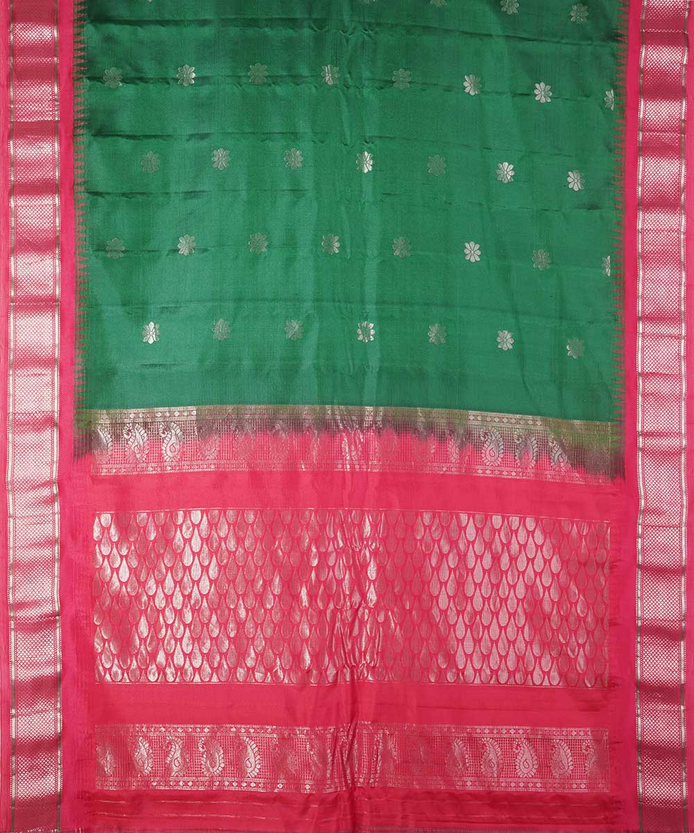 Dark green red handwoven gadwal silk saree