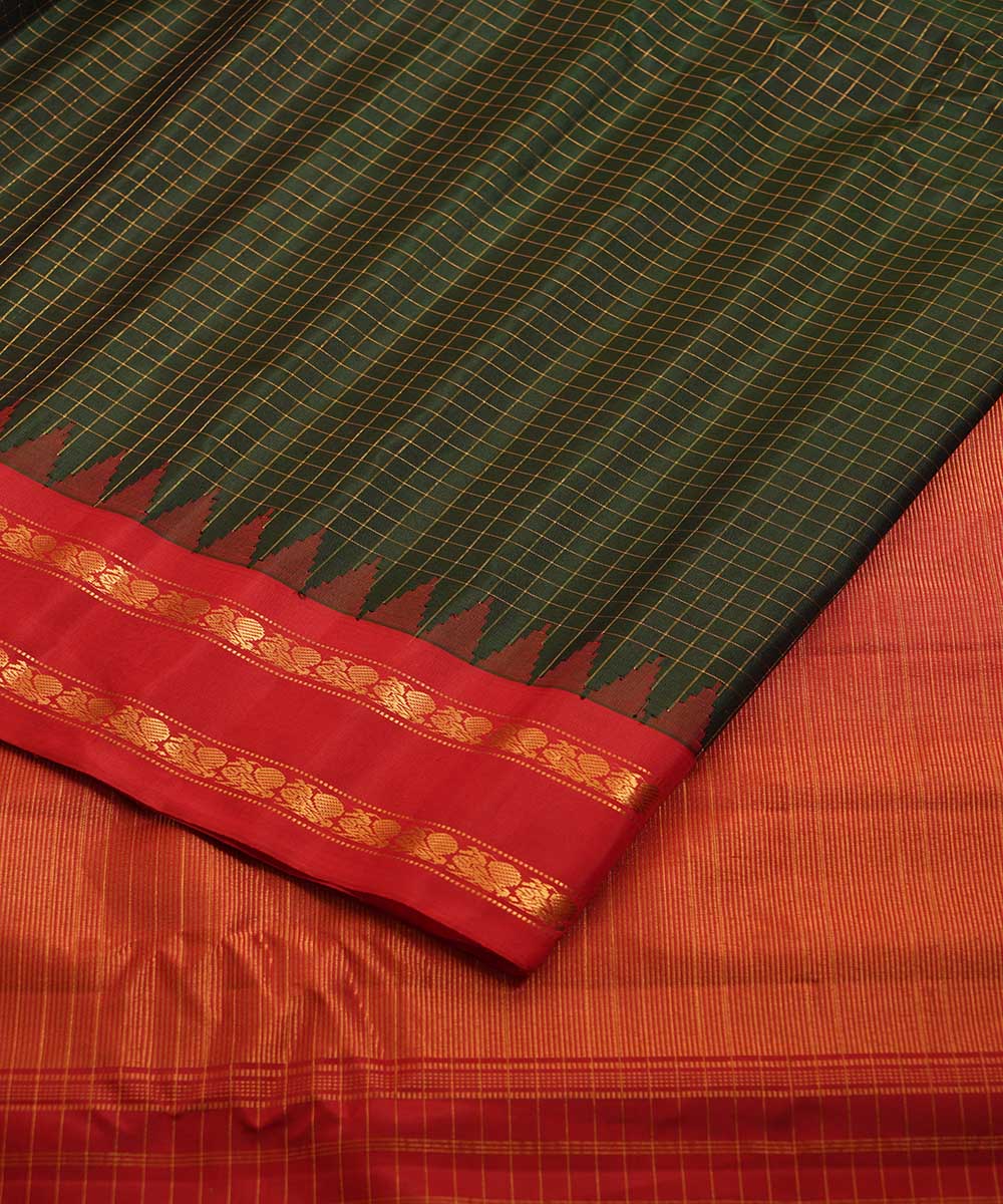 Dark green red handloom gadwal silk saree