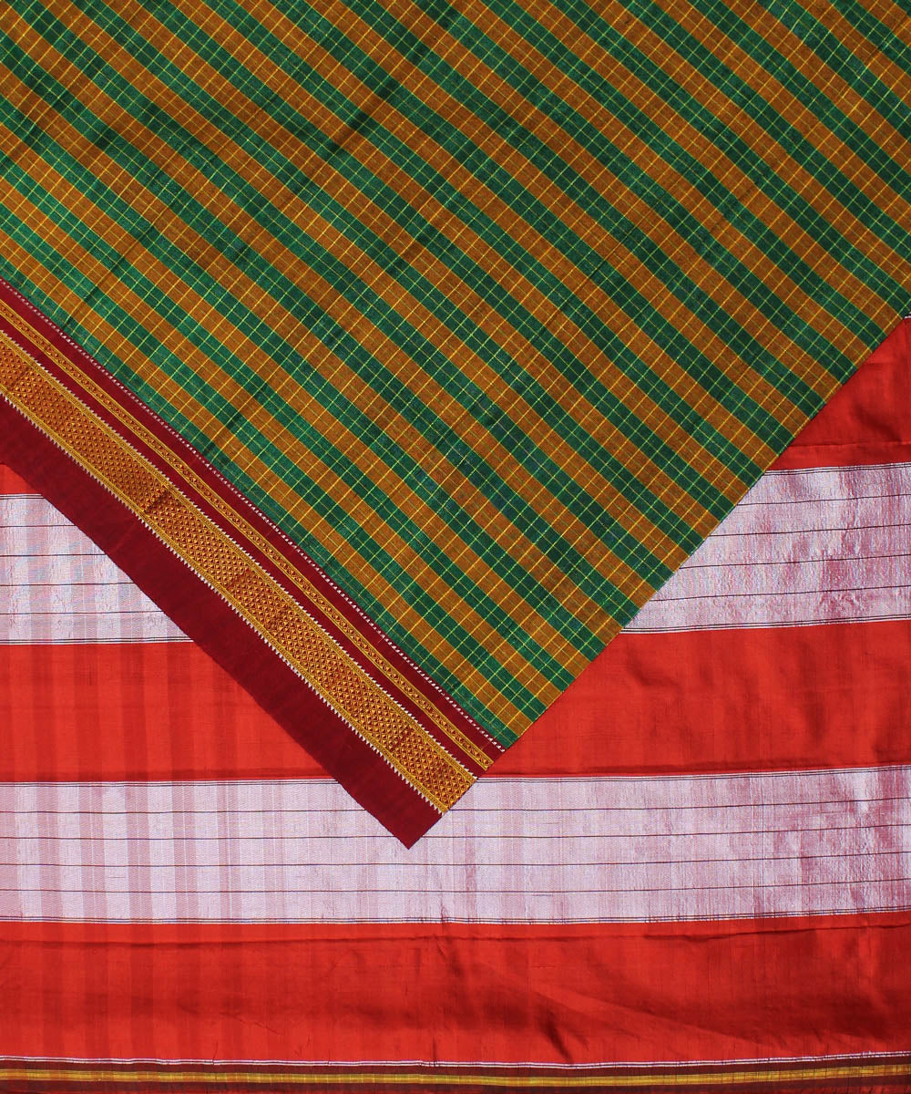 Green yellow handwoven cotton art silk chikki paras border ilkal sari