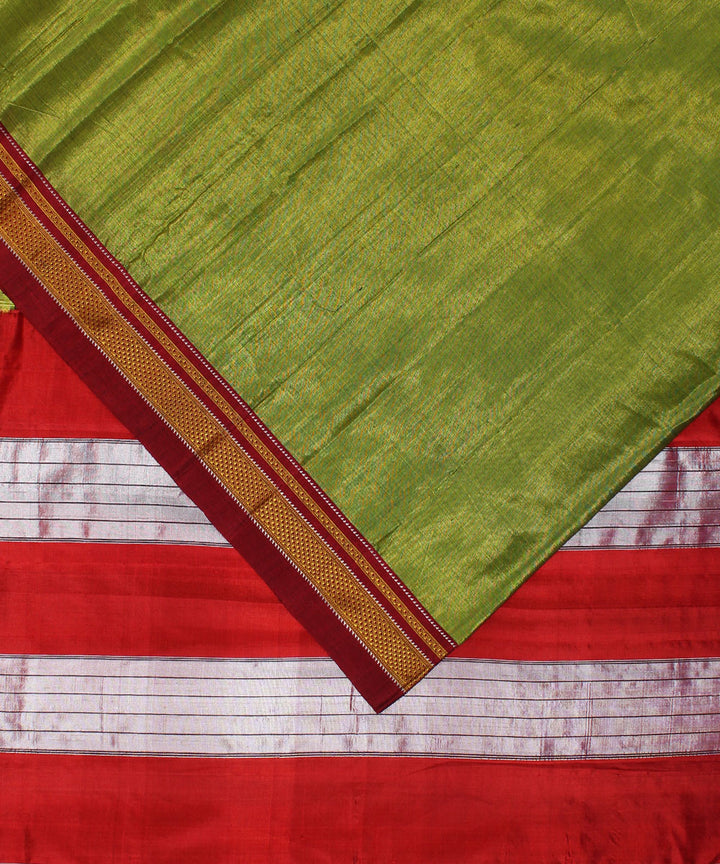 Lime green red handloom cotton art silk chikki paras border ilkal sari