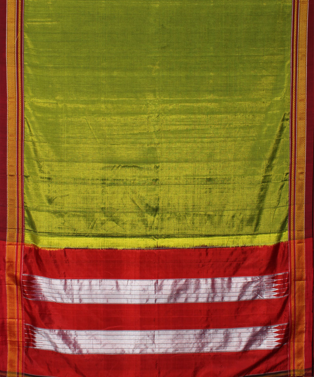 Lime green red handloom cotton art silk chikki paras border ilkal sari