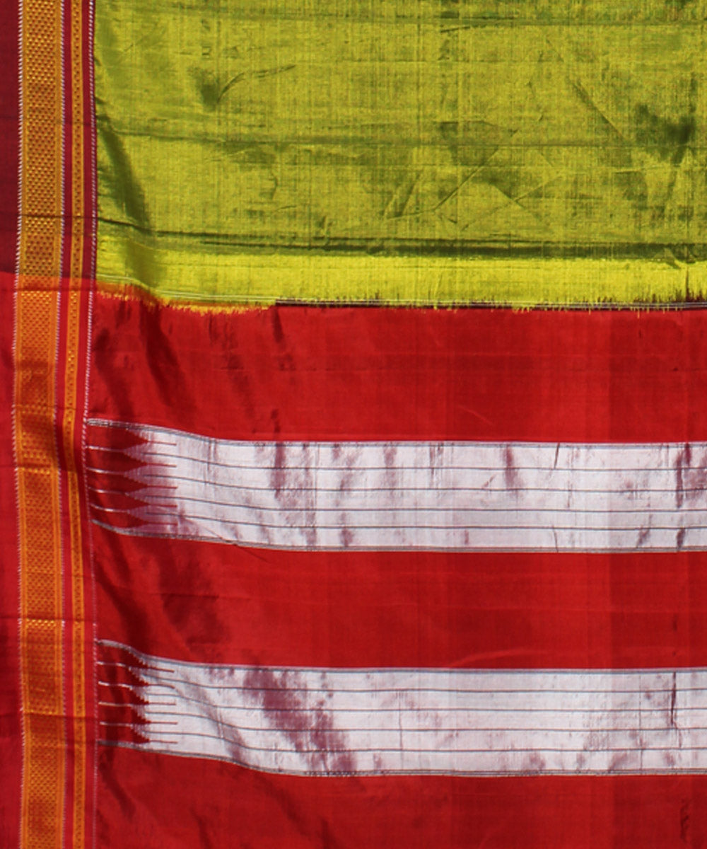 Lime green red handloom cotton art silk chikki paras border ilkal sari