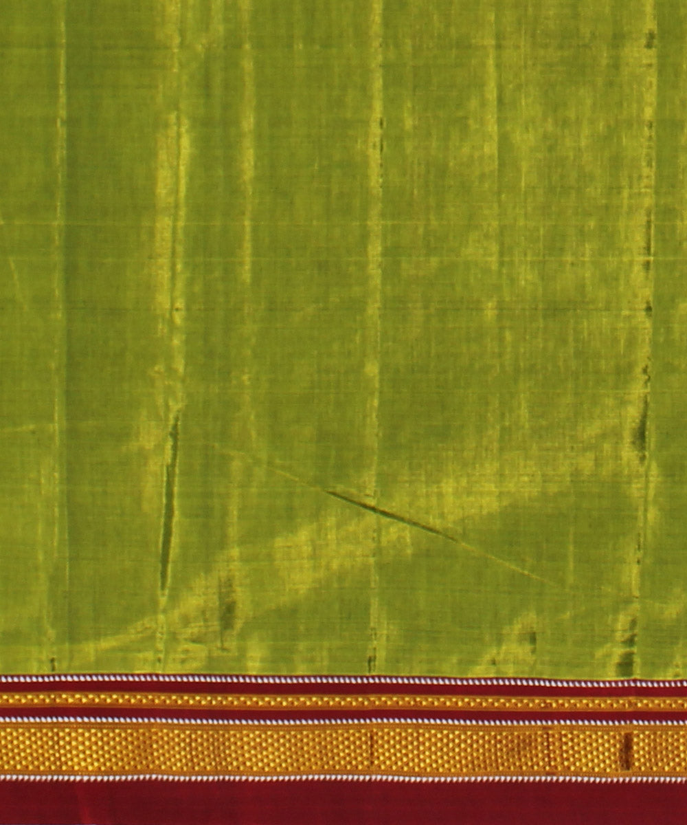 Lime green red handloom cotton art silk chikki paras border ilkal sari